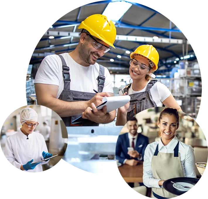 A collage of happy workers in different environments. A factory, warehouse and cafe/restaurant.